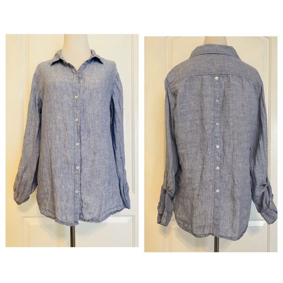 Sigrid Olsen Chambray Button Down Up Blouse Blue Linen Casual Top Designer L - Picture 7 of 11